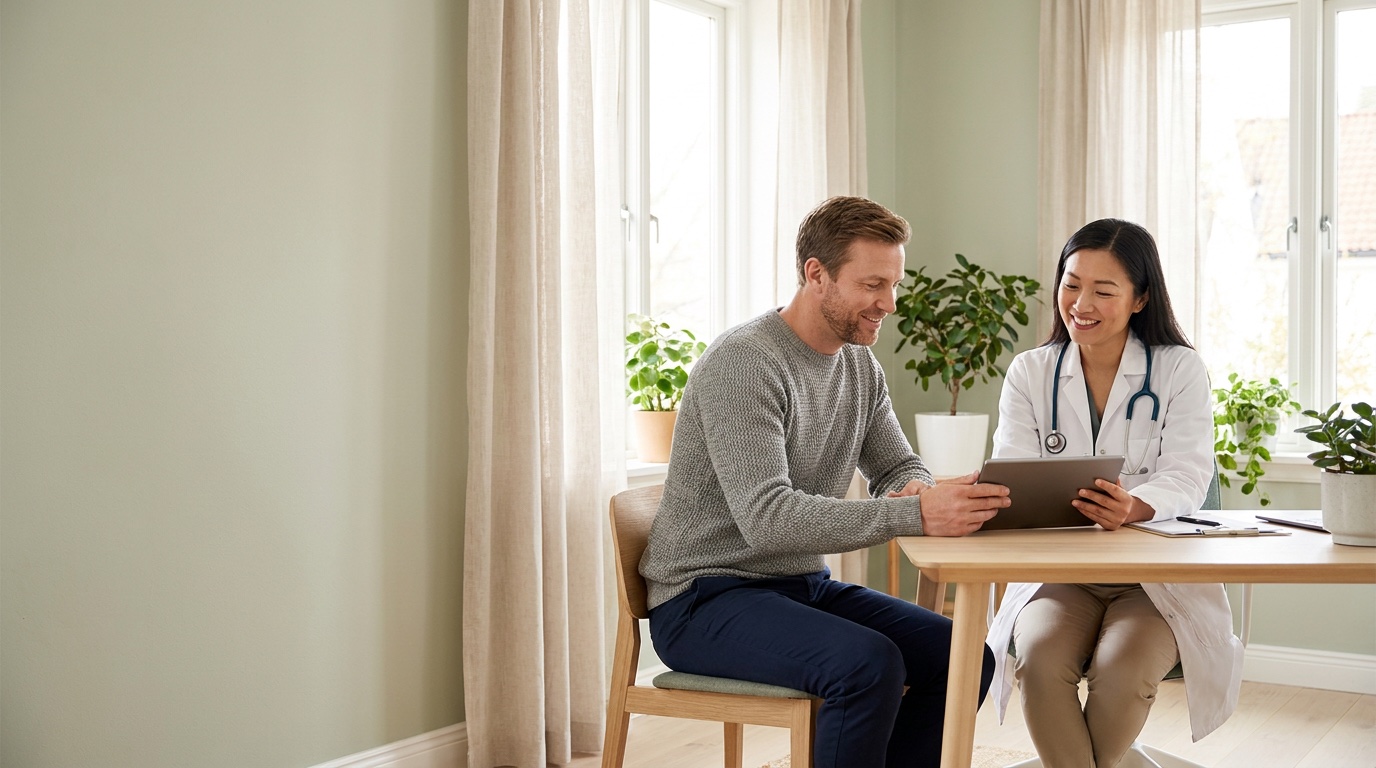 Smiling Asian doctor reviewing a tablet with a smiling white patient in a bright preventive-care clinic